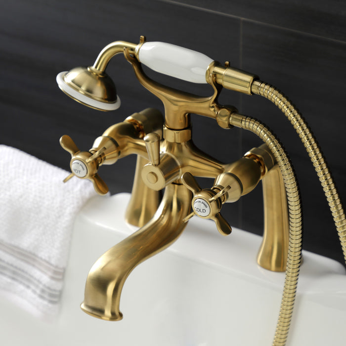 Kingston Heirloom KS248SB - Essex Three-Handle 2-Hole Deck-Mount Clawfoot Tub Faucet with Hand Shower, Brushed Brass