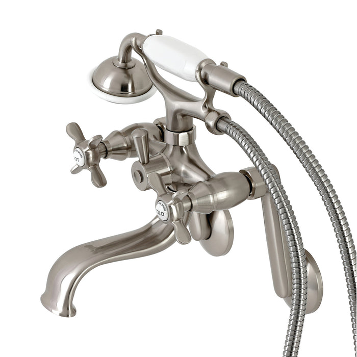 Kingston Heirloom KS249SN - Kingston Three-Handle 2-Hole Tub Wall Mount Clawfoot Tub Faucet with Hand Shower, Brushed Nickel