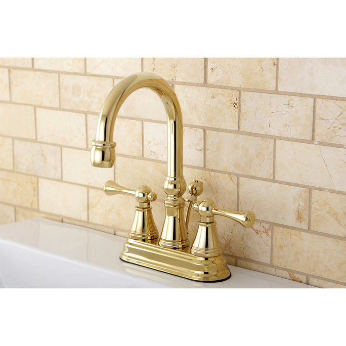 Restoration KS2612BL Two-Handle 3-Hole Deck Mount 4" Centerset Bathroom Faucet with Brass Pop-Up, Polished Brass