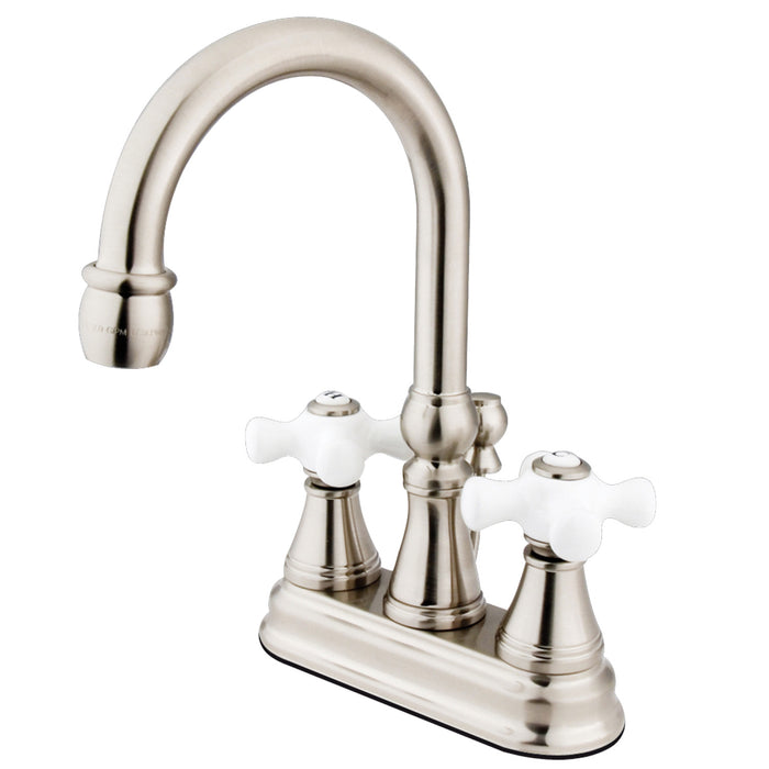 Kingston Tulare KS2618PX - Governor Double-Handle 3-Hole Deck Mount 4-Inch Centerset Bathroom Faucet with Brass Pop-Up, Brushed Nickel
