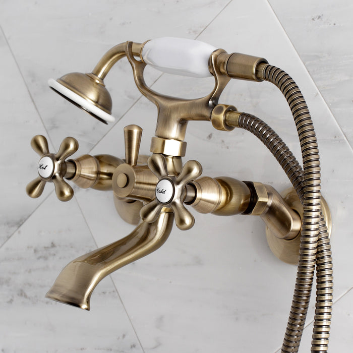 Kingston KS265AB Three-Handle 2-Hole Tub Wall Mount Clawfoot Tub Faucet with Hand Shower, Antique Brass