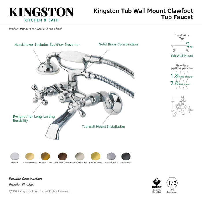 Kingston KS265C Three-Handle 2-Hole Tub Wall Mount Clawfoot Tub Faucet with Hand Shower, Polished Chrome