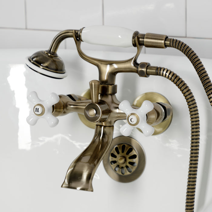 Kingston KS265PXAB Three-Handle 2-Hole Tub Wall Mount Clawfoot Tub Faucet with Hand Shower, Antique Brass