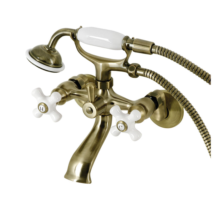 Kingston KS265PXAB Three-Handle 2-Hole Tub Wall Mount Clawfoot Tub Faucet with Hand Shower, Antique Brass
