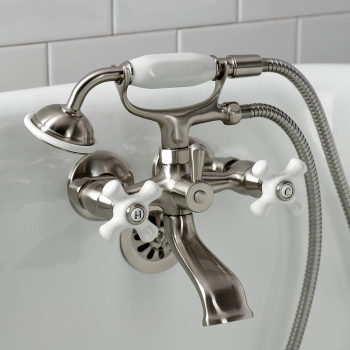 Kingston KS265PXSN Three-Handle 2-Hole Tub Wall Mount Clawfoot Tub Faucet with Hand Shower, Brushed Nickel