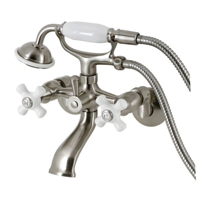 Kingston KS265PXSN Three-Handle 2-Hole Tub Wall Mount Clawfoot Tub Faucet with Hand Shower, Brushed Nickel