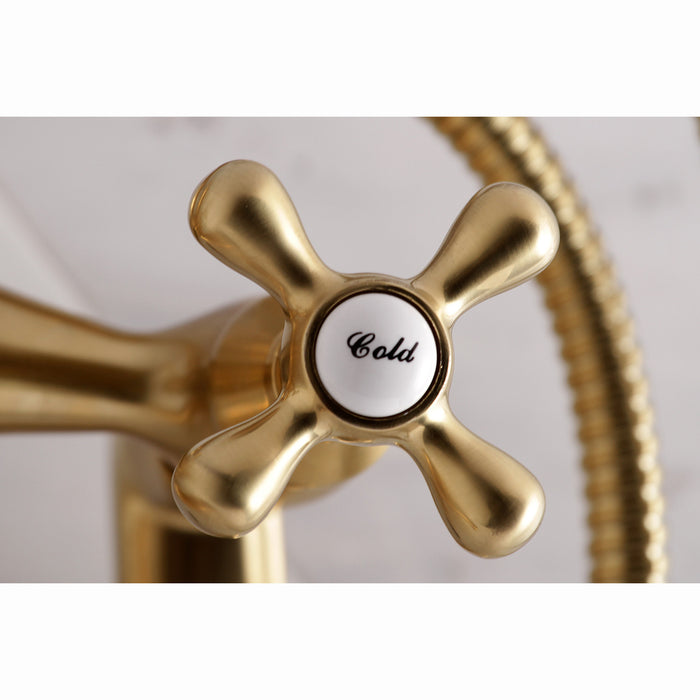Kingston KS265SB Three-Handle 2-Hole Tub Wall Mount Clawfoot Tub Faucet with Hand Shower, Brushed Brass