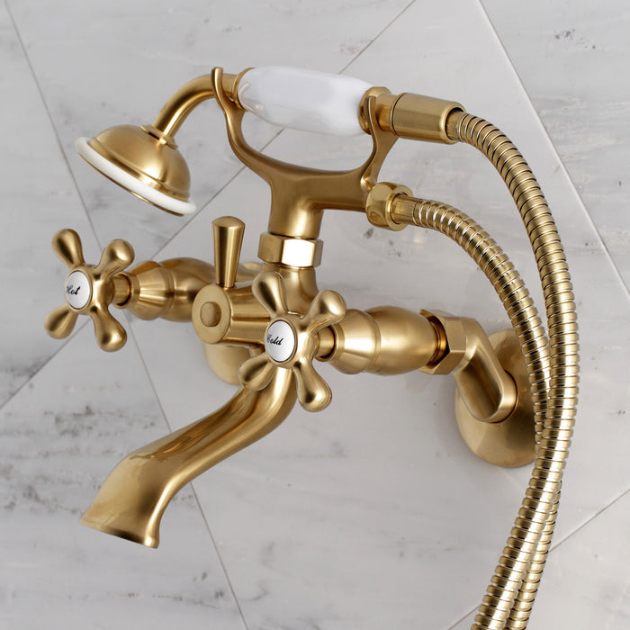 Kingston KS265SB Three-Handle 2-Hole Tub Wall Mount Clawfoot Tub Faucet with Hand Shower, Brushed Brass