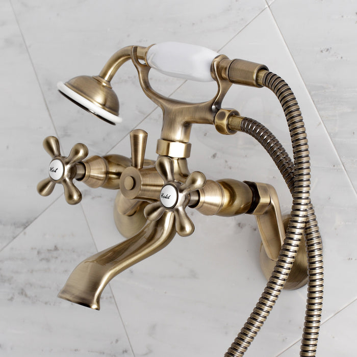 Kingston KS266AB Two-Handle 2-Hole Wall Mount Clawfoot Tub Faucet with Hand Shower, Antique Brass