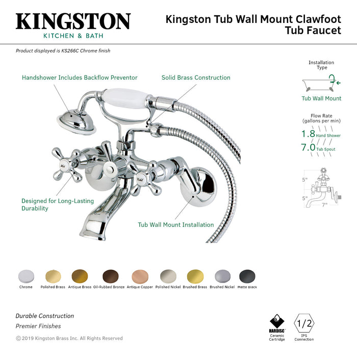 Kingston KS266C Two-Handle 2-Hole Wall Mount Clawfoot Tub Faucet with Hand Shower, Polished Chrome