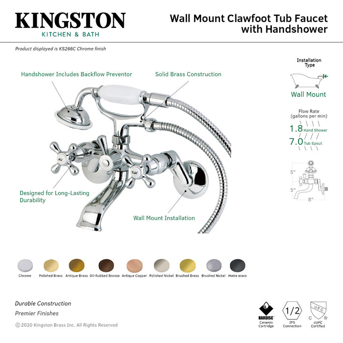 Kingston KS266PB Two-Handle 2-Hole Wall Mount Clawfoot Tub Faucet with Hand Shower, Polished Brass