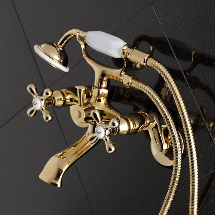 Kingston Heirloom KS266PB - Kingston Two-Handle 2-Hole Wall Mount Clawfoot Tub Faucet with Hand Shower, Polished Brass