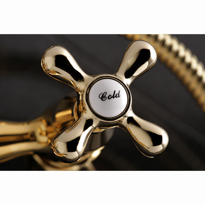 Kingston Heirloom KS266PB - Kingston Two-Handle 2-Hole Wall Mount Clawfoot Tub Faucet with Hand Shower, Polished Brass