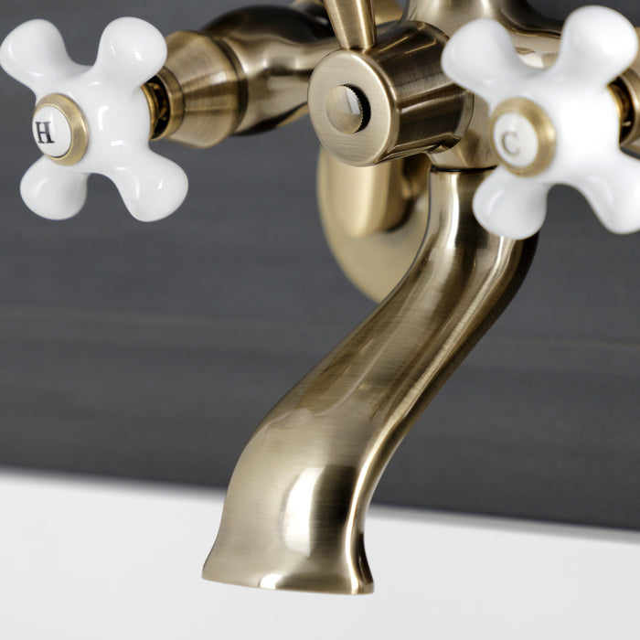 Kingston KS266PXAB Three-Handle 2-Hole Wall Mount Clawfoot Tub Faucet with Hand Shower, Antique Brass