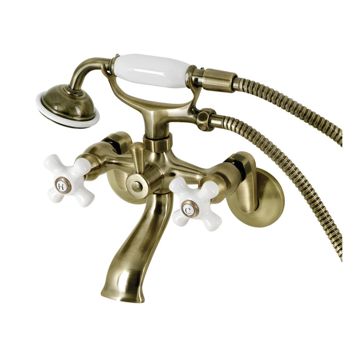 Kingston Heirloom KS266PXAB - Kingston Three-Handle 2-Hole Wall Mount Clawfoot Tub Faucet with Hand Shower, Antique Brass
