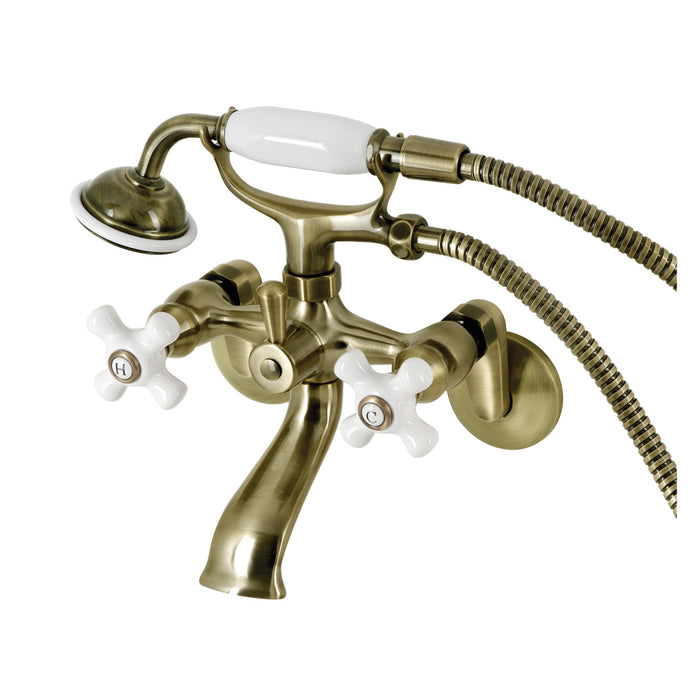 Kingston KS266PXAB Three-Handle 2-Hole Wall Mount Clawfoot Tub Faucet with Hand Shower, Antique Brass