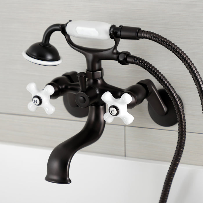 Kingston KS266PXORB Three-Handle 2-Hole Wall Mount Clawfoot Tub Faucet with Hand Shower, Oil Rubbed Bronze