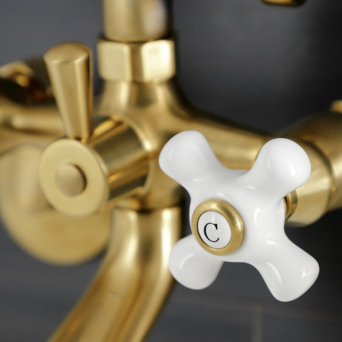 Kingston Heirloom KS266PXSB - Kingston Three-Handle 2-Hole Wall Mount Clawfoot Tub Faucet with Hand Shower, Brushed Brass