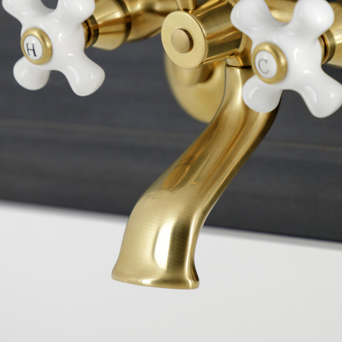 Kingston Heirloom KS266PXSB - Kingston Three-Handle 2-Hole Wall Mount Clawfoot Tub Faucet with Hand Shower, Brushed Brass