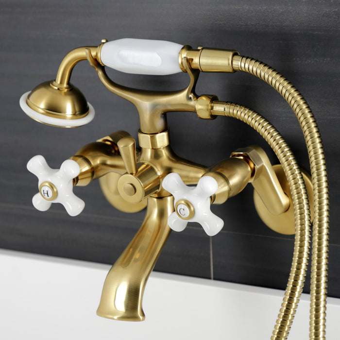 Kingston Heirloom KS266PXSB - Kingston Three-Handle 2-Hole Wall Mount Clawfoot Tub Faucet with Hand Shower, Brushed Brass