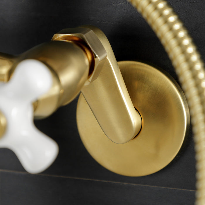 Kingston Heirloom KS266PXSB - Kingston Three-Handle 2-Hole Wall Mount Clawfoot Tub Faucet with Hand Shower, Brushed Brass