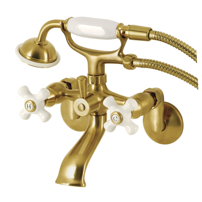 Kingston Heirloom KS266PXSB - Kingston Three-Handle 2-Hole Wall Mount Clawfoot Tub Faucet with Hand Shower, Brushed Brass