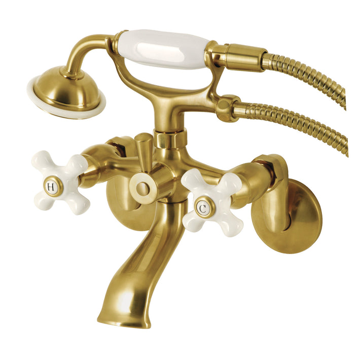 Kingston KS266PXSB Three-Handle 2-Hole Wall Mount Clawfoot Tub Faucet with Hand Shower, Brushed Brass