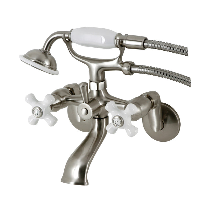 Kingston KS266PXSN Three-Handle 2-Hole Wall Mount Clawfoot Tub Faucet with Hand Shower, Brushed Nickel