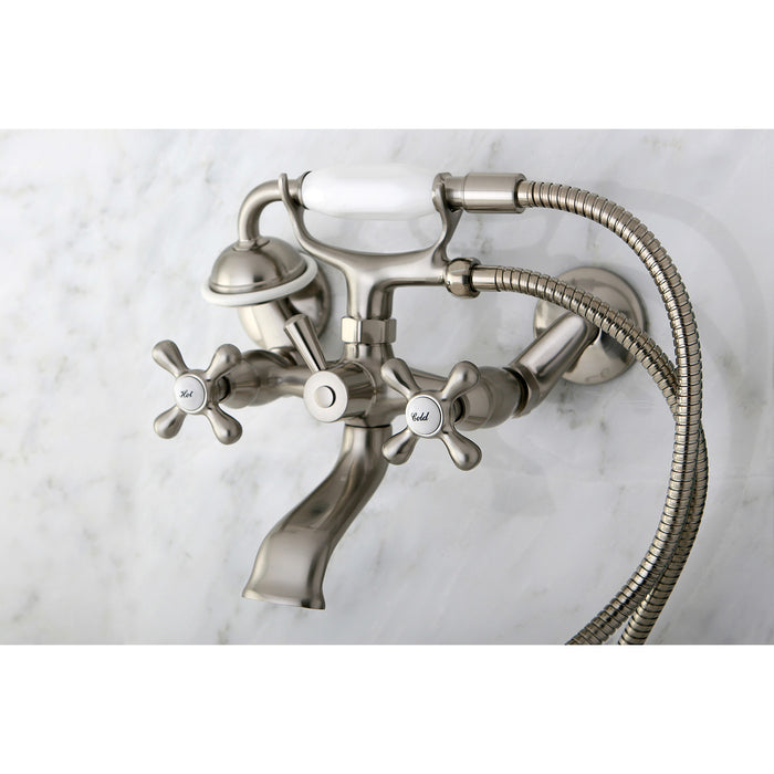 Kingston Heirloom KS266SN - Kingston Two-Handle 2-Hole Wall Mount Clawfoot Tub Faucet with Hand Shower, Brushed Nickel