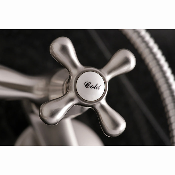 Kingston Heirloom KS266SN - Kingston Two-Handle 2-Hole Wall Mount Clawfoot Tub Faucet with Hand Shower, Brushed Nickel