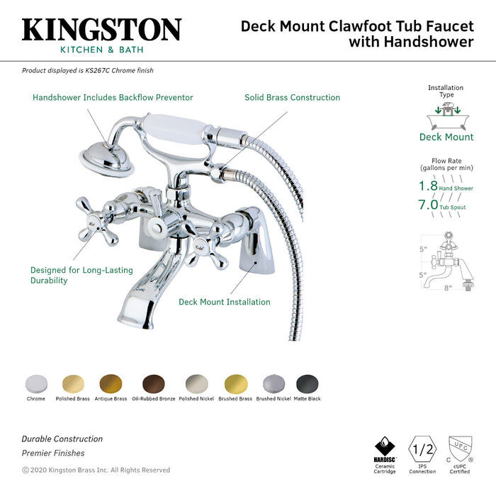 Kingston KS267AB Three-Handle 2-Hole Deck Mount Clawfoot Tub Faucet with Hand Shower, Antique Brass