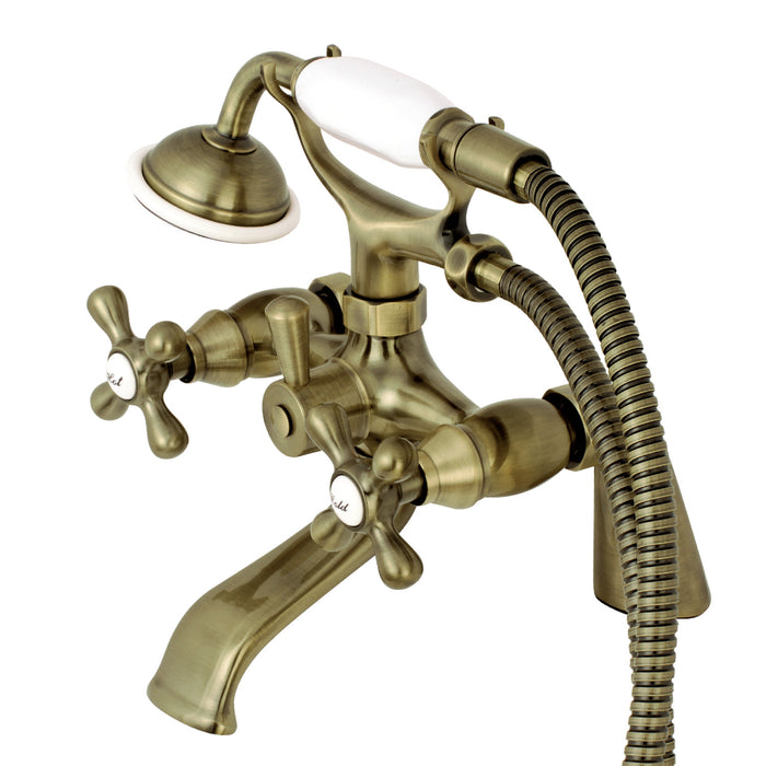 Kingston KS267AB Three-Handle 2-Hole Deck Mount Clawfoot Tub Faucet with Hand Shower, Antique Brass