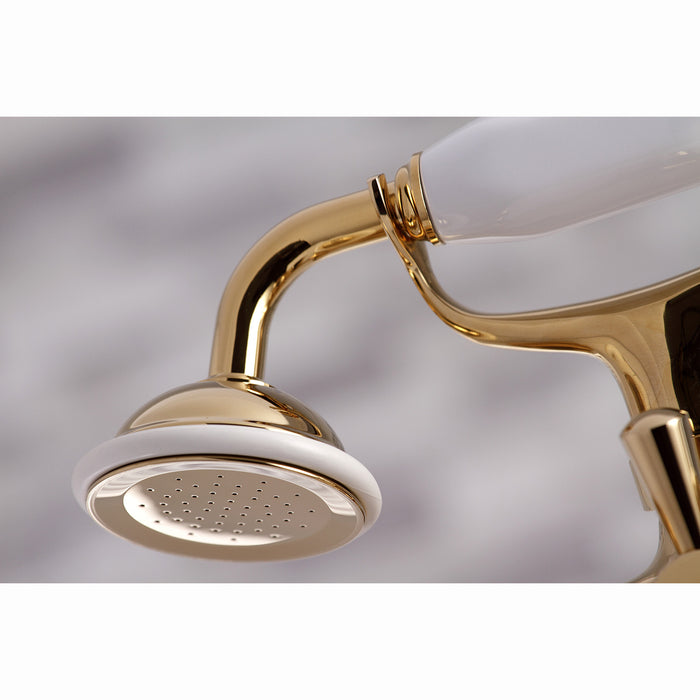 Kingston KS267PB Three-Handle 2-Hole Deck Mount Clawfoot Tub Faucet with Hand Shower, Polished Brass