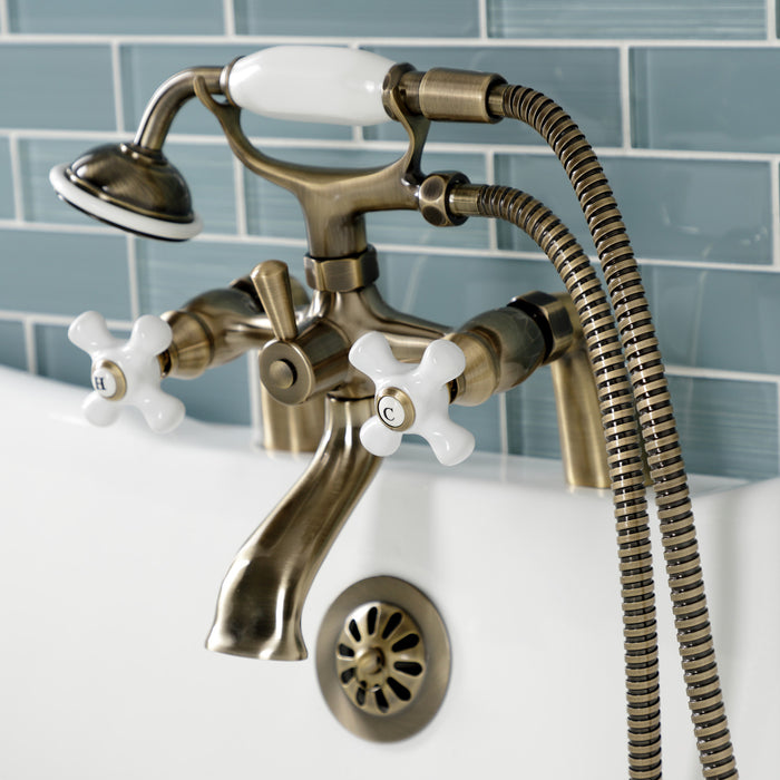 Kingston KS267PXAB Three-Handle 2-Hole Deck Mount Clawfoot Tub Faucet with Hand Shower, Antique Brass