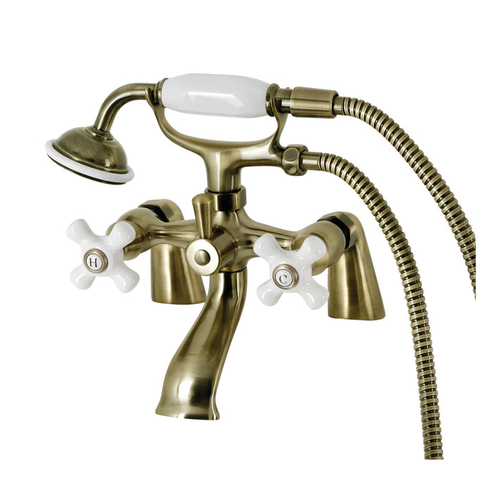 Kingston KS267PXAB Three-Handle 2-Hole Deck Mount Clawfoot Tub Faucet with Hand Shower, Antique Brass
