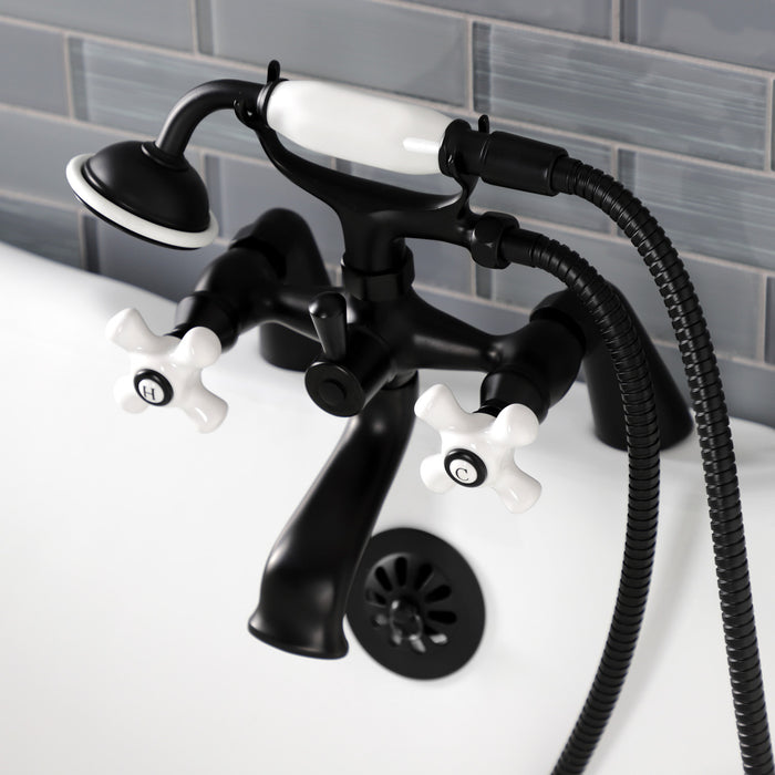 Kingston KS267PXMB Three-Handle 2-Hole Deck Mount Clawfoot Tub Faucet with Hand Shower, Matte Black