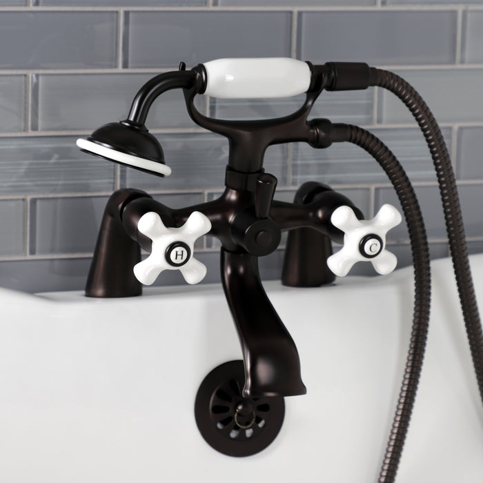 Kingston KS267PXORB Three-Handle 2-Hole Deck Mount Clawfoot Tub Faucet with Hand Shower, Oil Rubbed Bronze