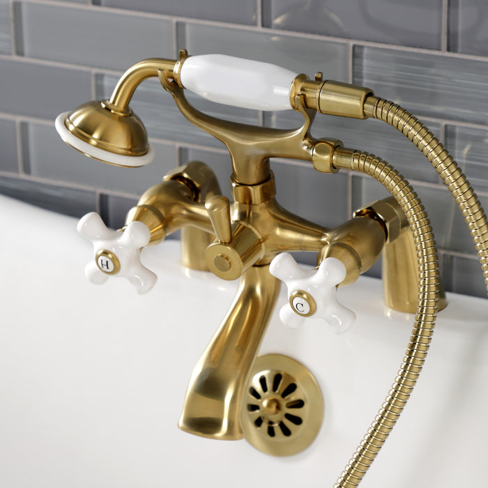 Kingston KS267PXSB Three-Handle 2-Hole Deck Mount Clawfoot Tub Faucet with Hand Shower, Brushed Brass
