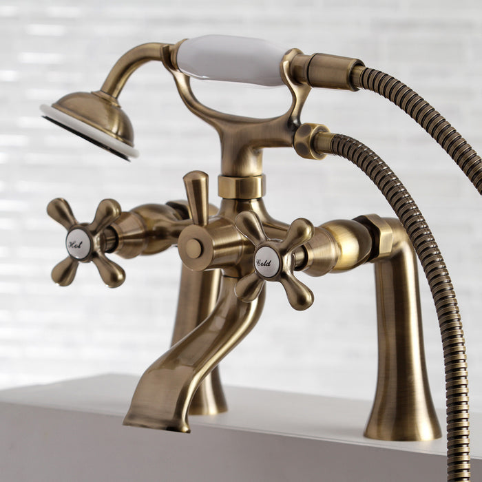 Kingston KS268AB Three-Handle 2-Hole Deck Mount Clawfoot Tub Faucet with Hand Shower, Antique Brass
