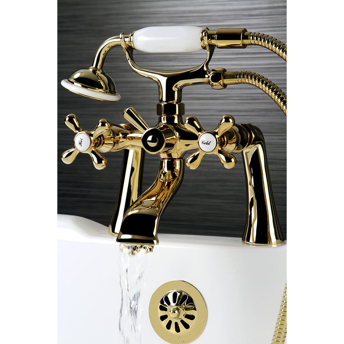 Kingston KS268PB Three-Handle 2-Hole Deck Mount Clawfoot Tub Faucet with Hand Shower, Polished Brass