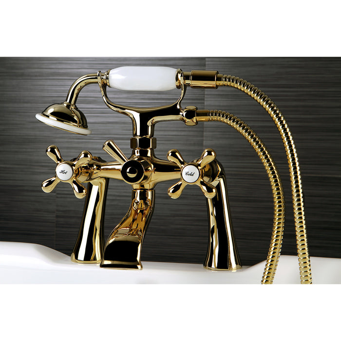 Kingston KS268PB Three-Handle 2-Hole Deck Mount Clawfoot Tub Faucet with Hand Shower, Polished Brass