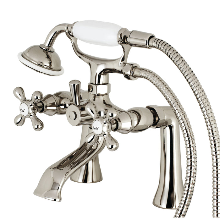 Kingston KS268PN Three-Handle 2-Hole Deck Mount Clawfoot Tub Faucet with Hand Shower, Polished Nickel