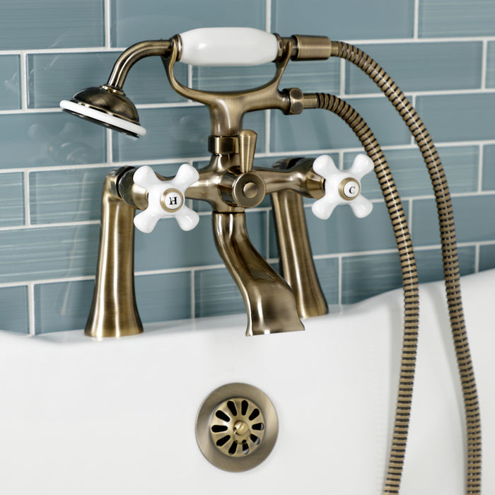 Kingston KS268PXAB Three-Handle 2-Hole Deck Mount Clawfoot Tub Faucet with Hand Shower, Antique Brass