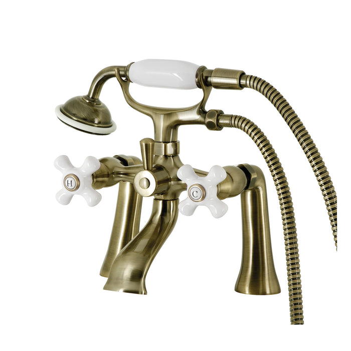 Kingston KS268PXAB Three-Handle 2-Hole Deck Mount Clawfoot Tub Faucet with Hand Shower, Antique Brass