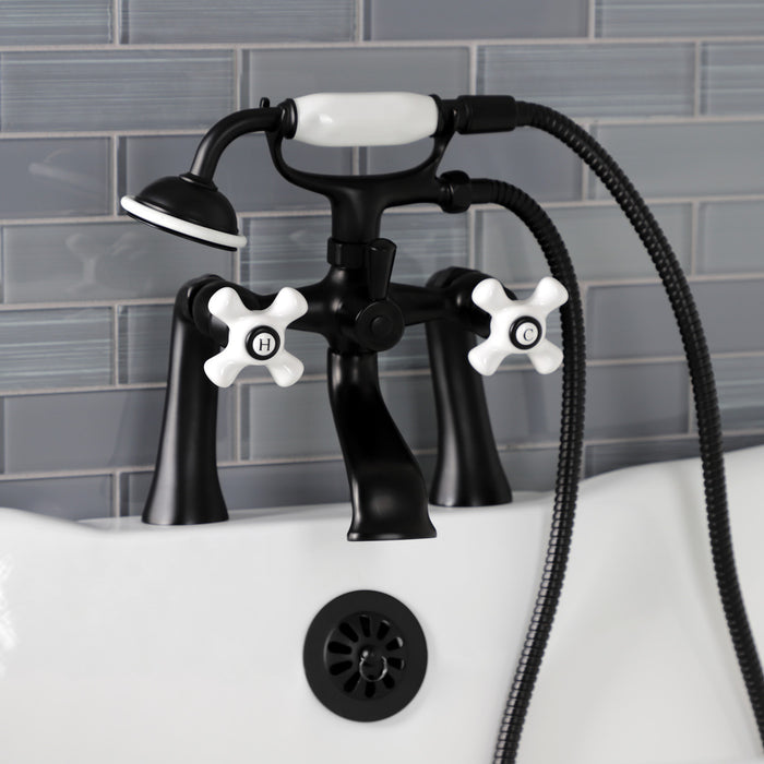 Kingston KS268PXMB Three-Handle 2-Hole Deck Mount Clawfoot Tub Faucet with Hand Shower, Matte Black