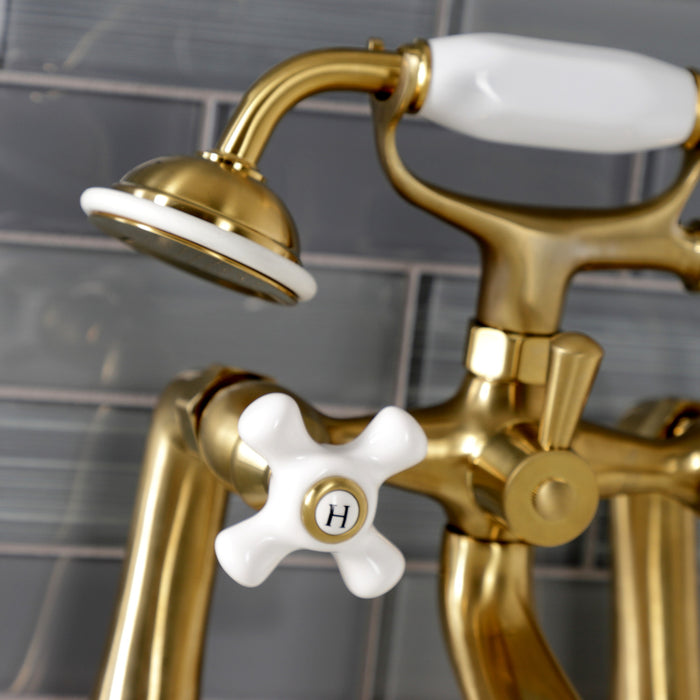 Kingston KS268PXSB Three-Handle 2-Hole Deck Mount Clawfoot Tub Faucet with Hand Shower, Brushed Brass