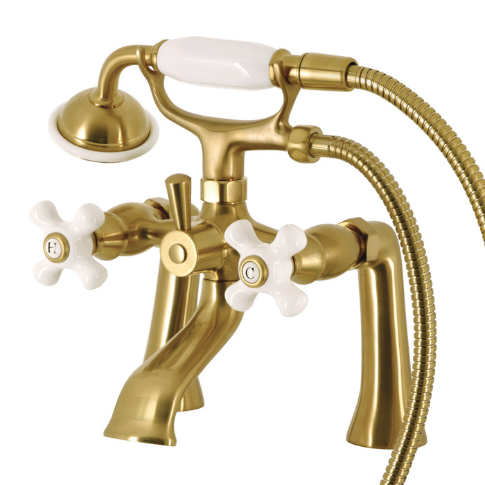 Kingston KS268PXSB Three-Handle 2-Hole Deck Mount Clawfoot Tub Faucet with Hand Shower, Brushed Brass