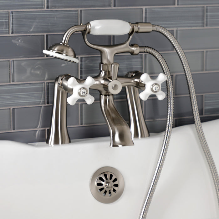 Kingston KS268PXSN Three-Handle 2-Hole Deck Mount Clawfoot Tub Faucet with Hand Shower, Brushed Nickel