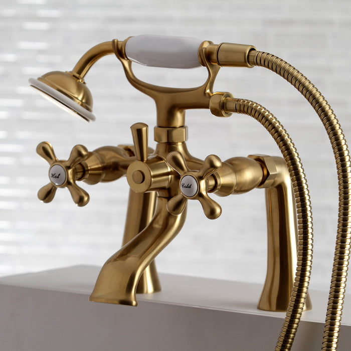 Kingston KS268SB Three-Handle 2-Hole Deck Mount Clawfoot Tub Faucet with Hand Shower, Brushed Brass
