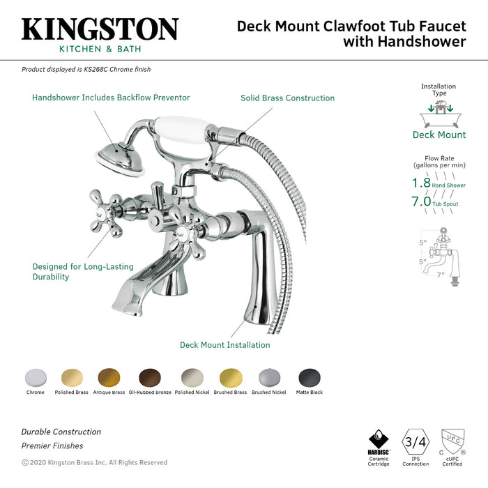 Kingston KS268SN Three-Handle 2-Hole Deck Mount Clawfoot Tub Faucet with Hand Shower, Brushed Nickel
